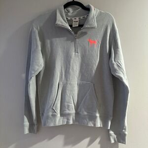 PINK Victoria's Secret Gray Quarter Zip Pullover Neon Orange Dog Logo Small